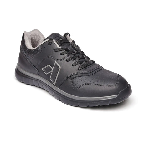Angled front view of the Anodyne No. 50 Sport Jogger in black, highlighting the breathable upper, supportive structure, and wide toe box designed for diabetic foot comfort.