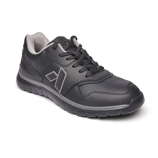 Angled front view of the Anodyne No. 50 Sport Jogger in black, highlighting the breathable upper, supportive structure, and wide toe box designed for diabetic foot comfort.