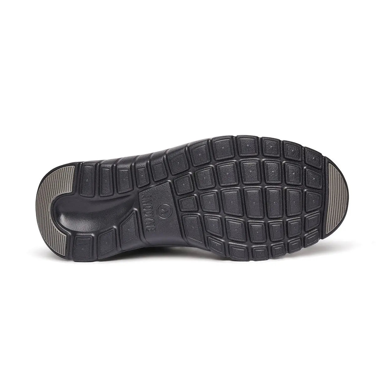 Bottom view of the Anodyne No. 50 Sport Jogger in black, highlighting the durable, non-slip rubber outsole with grid-patterned traction pods and heel support.