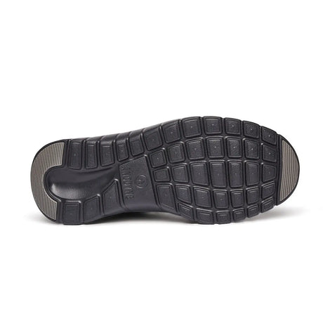 Bottom view of the Anodyne No. 50 Sport Jogger in black, highlighting the durable, non-slip rubber outsole with grid-patterned traction pods and heel support.