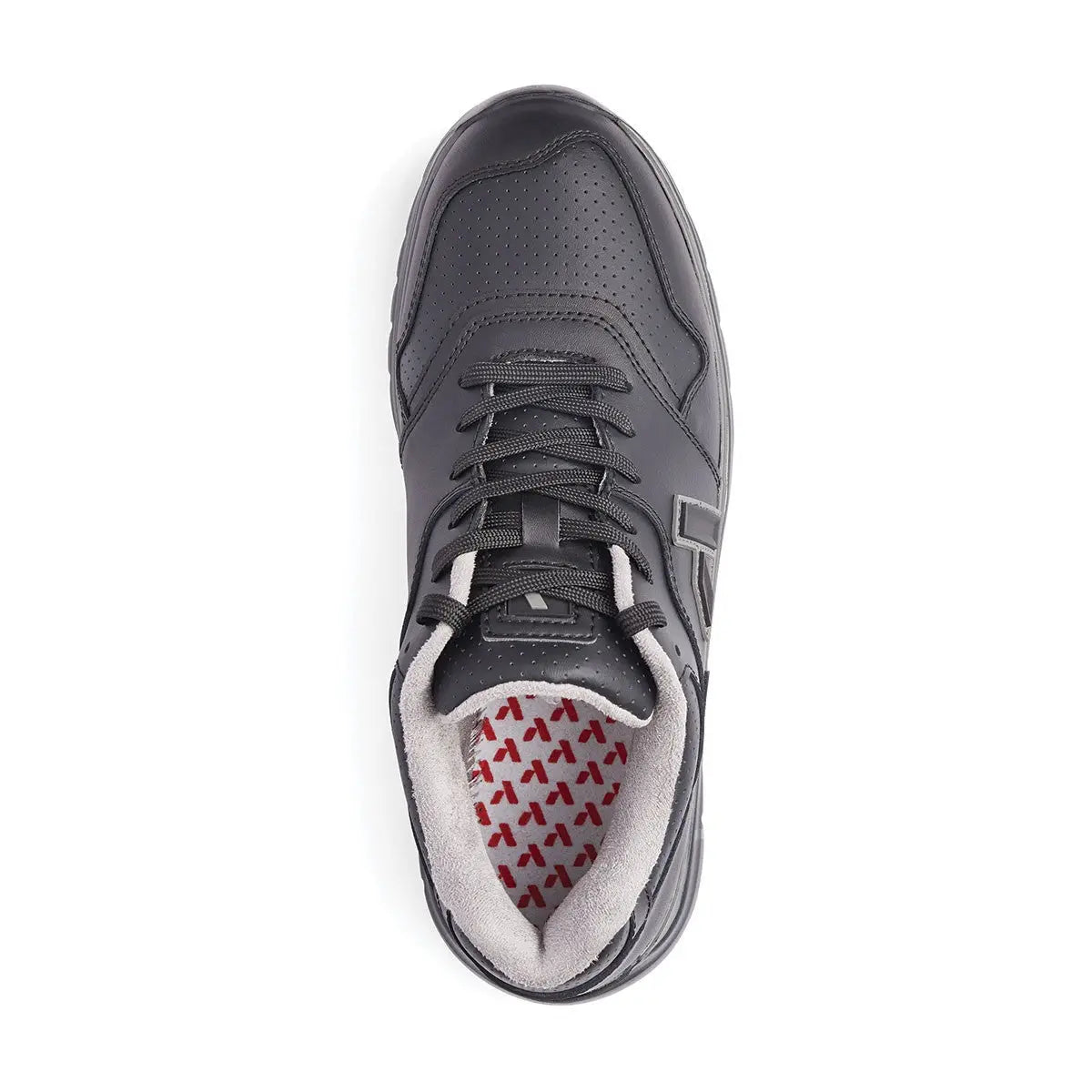 Top-down view of the Anodyne No. 50 Sport Jogger in black, showing the padded collar, perforated toe box, and cushioned interior with red heart-patterned insole.