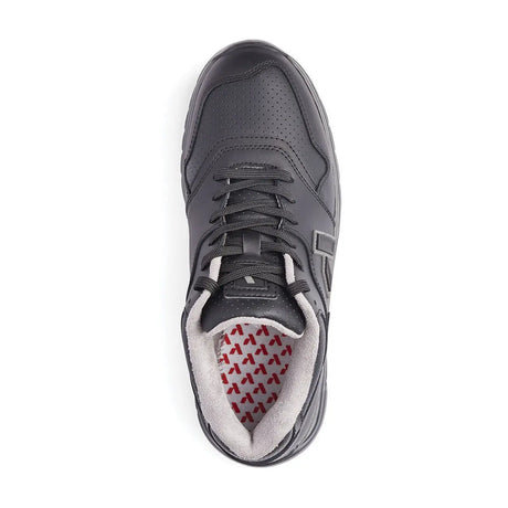 Top-down view of the Anodyne No. 50 Sport Jogger in black, showing the padded collar, perforated toe box, and cushioned interior with red heart-patterned insole.