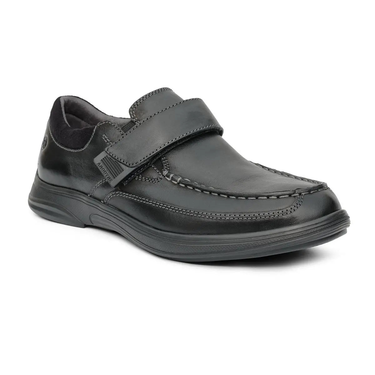 Angledview of the Anodyne No. 52 black casual shoe with hook-and-loop strap, moc toe stitching, and orthopedic sole designed for diabetic foot care and everyday comfort.