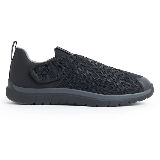 Front view of the Anodyne No. 84 black stretch orthopedic shoe featuring a double depth design for diabetic and therapeutic foot conditions
