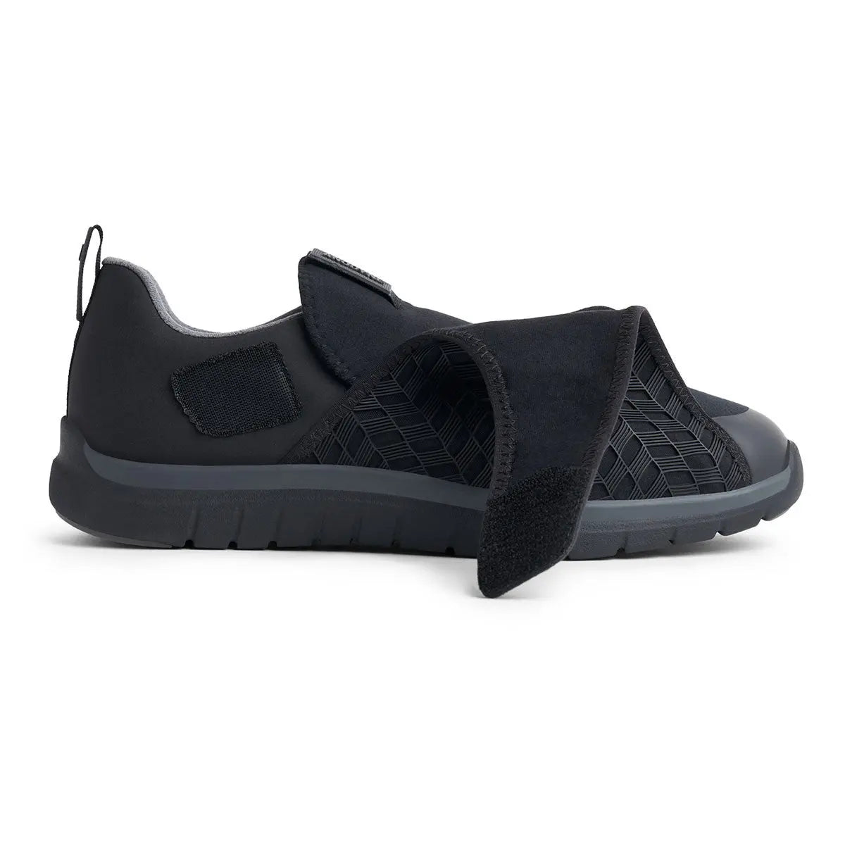 Rear view of the Anodyne No. 84 black orthopedic shoe showcasing the heel support and stretchable upper design for comfort and stability