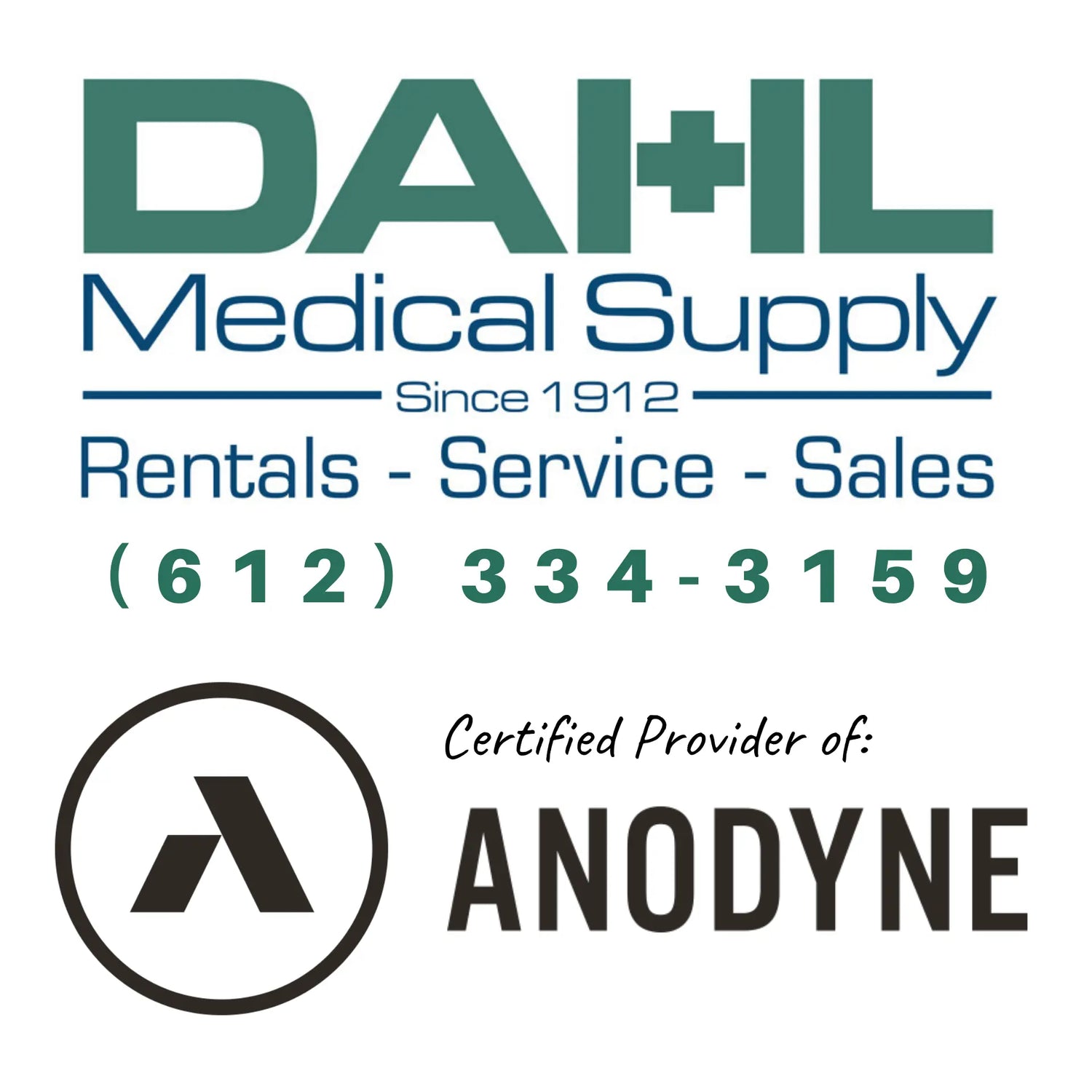 Logo of Dahl Medical Supply with contact number (612) 334-3159 and text stating "Rentals - Service - Sales" alongside the Anodyne logo and "Certified Provider of Anodyne."