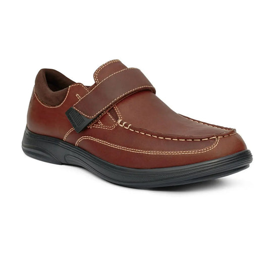 Side angle of the Anodyne No. 52 Casual Sneaker in whiskey brown, featuring a hook-and-loop strap, contrast stitching, and a black slip-resistant sole – ideal for diabetic foot care and everyday comfort. Available at Dahl Medical Supply.