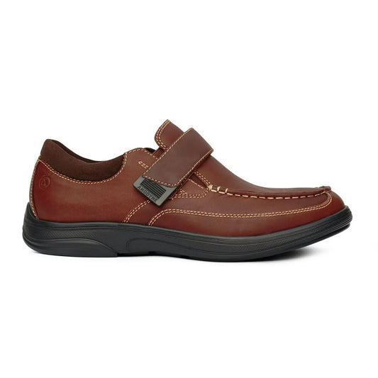 Side view of the Anodyne No. 52 Casual Sneaker in whiskey brown, featuring a hook-and-loop strap, contrast stitching, and a black slip-resistant sole – ideal for diabetic foot care and everyday comfort. Available at Dahl Medical Supply.