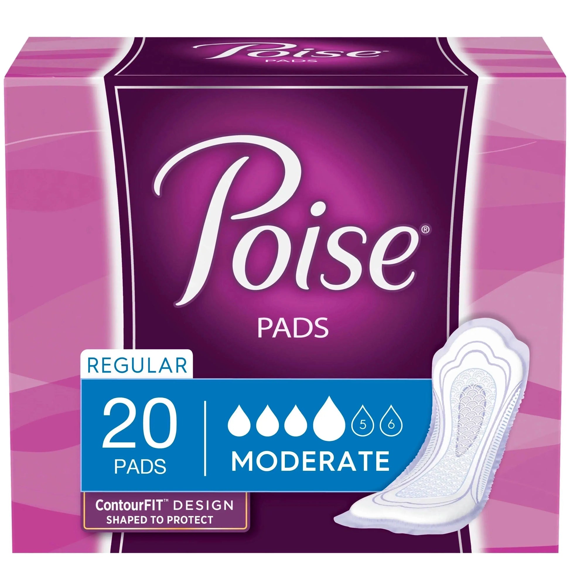 Pale Violet Red Poise Incontinence Pads Moderate Absorbency Regular 20 count