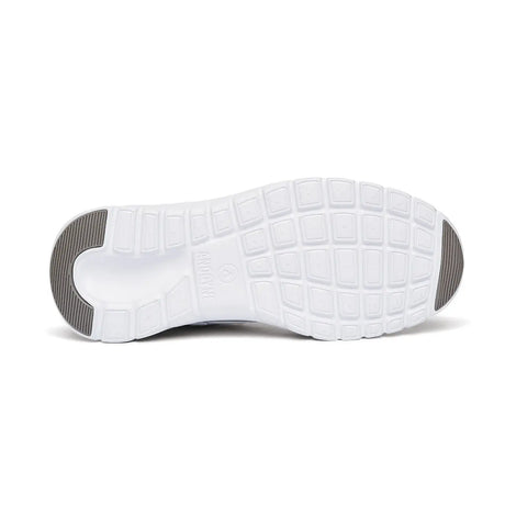 Bottom view of Anodyne No. 50 white diabetic athletic shoe showing slip-resistant rubber outsole with textured tread pattern for stability.