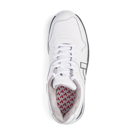 Top view of Anodyne No. 50 white diabetic athletic shoe showing perforated toe box, laces, and cushioned interior with patterned insole.