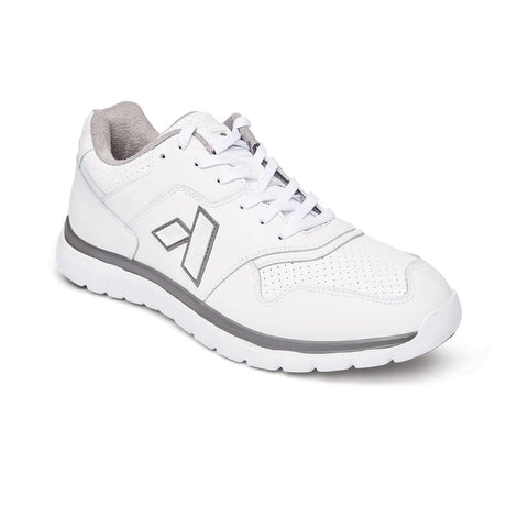 Anodyne No. 50 white diabetic walking shoe for men shown at a front-side angle with supportive sole and breathable leather upper.
