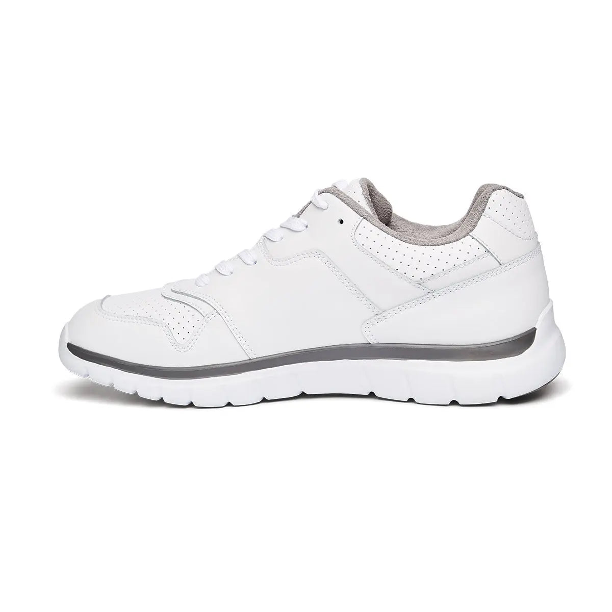 Anodyne No. 50 white diabetic athletic shoe for men, shown from the rear-side angle with padded collar and seamless leather design.
