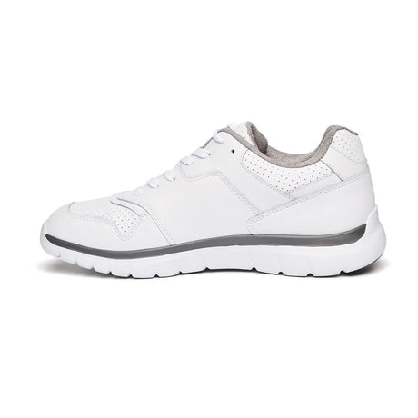 Anodyne No. 50 white diabetic athletic shoe for men, shown from the rear-side angle with padded collar and seamless leather design.